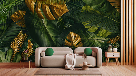 Tapete Golden Tropics  tropisch & elegant  goldene Blätter  luxuriöser Dschungel-Look  Design by Pimp My Wall