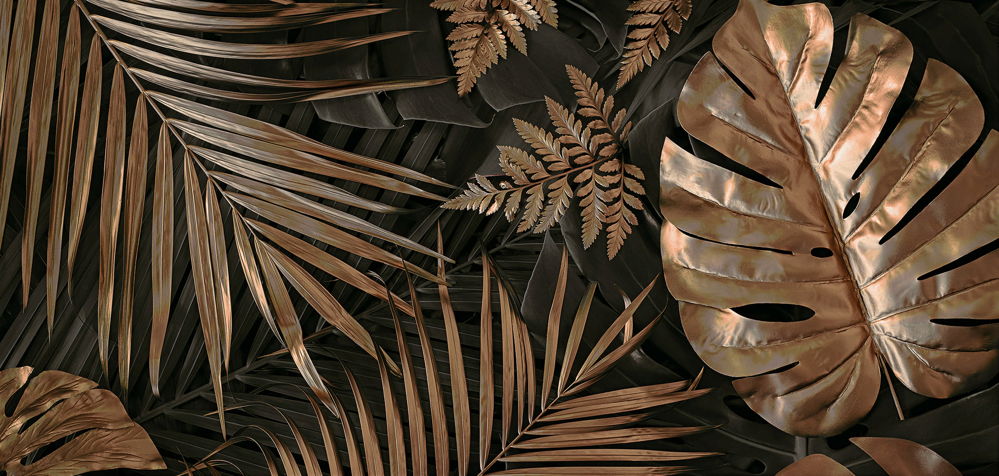 Tapete Midnight Bronze Jungle  tropisch & dunkel  metallic Bronze  edles Wanddesign  Design by Pimp My Wall