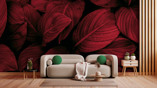 Tapete Crimson Rainfall  rote Blätter  Tropenregen-Stimmung  luxuriös & sinnlich  Design by Pimp My Wall