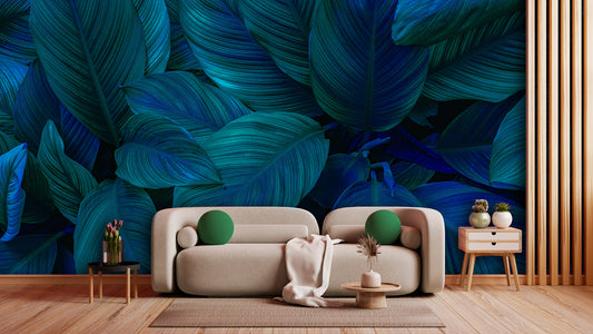 Tapete Midnight Tropic  blaue Dschungelblätter  tropisch & mystisch  modern & elegant  Design by Pimp My Wall