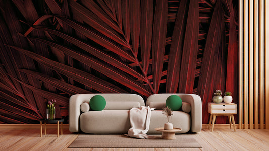 Tapete Crimson Weave  rote Palmenblätter  starke Struktur & Tiefe  tropisch & modern  Design by Pimp My Wall