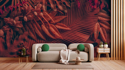 Tapete Desert Bloom  warme Rottöne  tropische Blüten & Blätter  intensiver Charakter  Design by Pimp My Wall