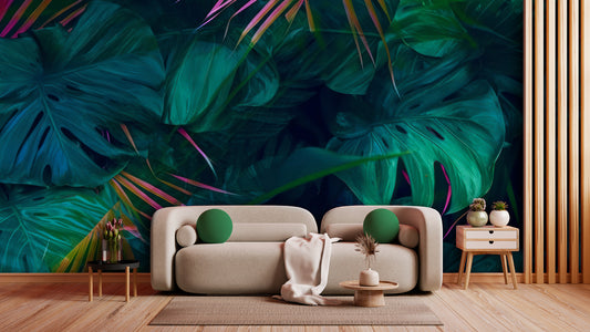 Tapete Tropical Breeze  Tropen-Design mit pink-grünen Blättern  exotisch & kreativ  Dschungelästhetik  Design by Pimp My Wall
