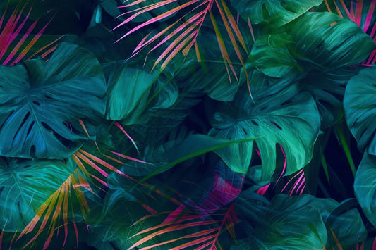 Tapete Tropical Breeze  Tropen-Design mit pink-grünen Blättern  exotisch & kreativ  Dschungelästhetik  Design by Pimp My Wall
