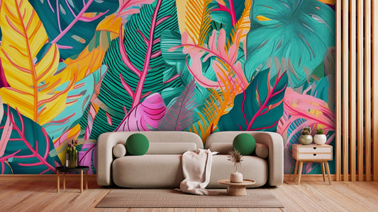 Tapete TropiPop  kunterbunt & fröhlich  tropischer Pop-Art-Stil  pink, türkis, gelb & mehr  Design by Pimp My Wall 