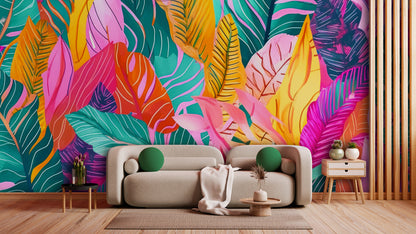 Tapete TropiPop Sunshine  bunte Dschungel-Optik  leuchtende Farben im Pop-Stil  Design by Pimp My Wall  wow-Effekt garantiert