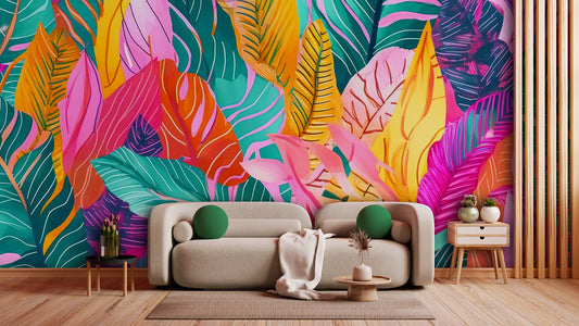 Tapete TropiPop Sunshine  bunte Dschungel-Optik  leuchtende Farben im Pop-Stil  Design by Pimp My Wall  wow-Effekt garantiert