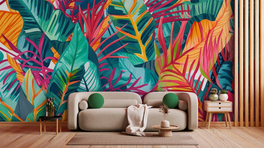 Tapete TropiPop Jungle Vibes  wilde Blätter in Pop-Art-Farben  tropisch & farbintensiv  Design by Pimp My Wall  Energie pur für dein Zuhause