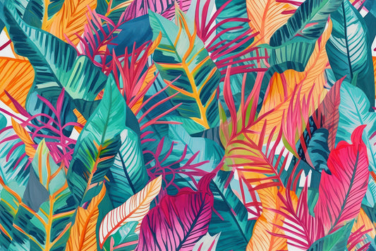 Tapete TropiPop Jungle Vibes  wilde Blätter in Pop-Art-Farben  tropisch & farbintensiv  Design by Pimp My Wall  Energie pur für dein Zuhause
