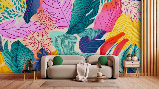 Tapete TropiPop Soft Bloom  zarte Tropenmuster in Pastellfarben  verspielt & leicht  Design by Pimp My Wall  Tropen trifft Softpop