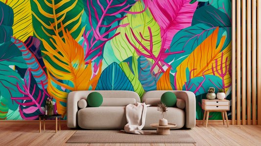 Tapete TropiPop Neon Jungle  knallige Tropenfarben im Pop-Art-Stil  intensives Dschungel-Design  Statement-Wand  Design by Pimp My Wall
