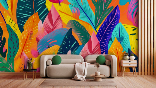 Tapete TropiPop Sunset Glow  intensive Sonnenfarben im Dschungel-Design  kunstvoll & bunt  Statement-Wand für mutige Räume  Design by Pimp My Wall