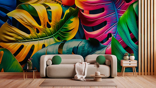 Tapete Jungle Fusion Delight  bunte XXL Monstera-Blätter  tropisch, mutig & tiefenstark  für starke Design-Statements  Design by Pimp My Wall