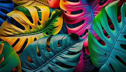 Tapete Jungle Fusion Delight  bunte XXL Monstera-Blätter  tropisch, mutig & tiefenstark  für starke Design-Statements  Design by Pimp My Wall