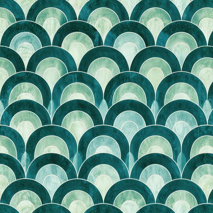 Art Deco Tapete Petrol Bögen – Detailansicht in Petrol, Smaragd und Mint