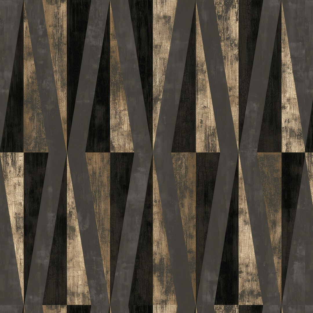 Tapete Schwarz Gold Geometrische Dreiecke – Detailansicht von Patina und Goldton