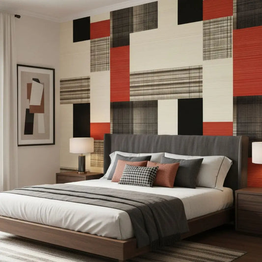Selbstklebende geometrische Retro Tapete in Rot, Schwarz & Beige mit Karos im modernen Schlafzimmer – ideal für stilvolle Wandgestaltung.