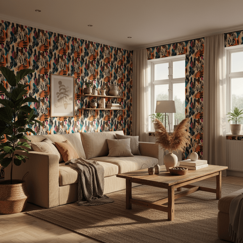 Gemütliches Wohnzimmer mit abstrakter gemusterter Tapete in warmen Beige-, Schwarz- und Farbakzenten als Statement-Wand.