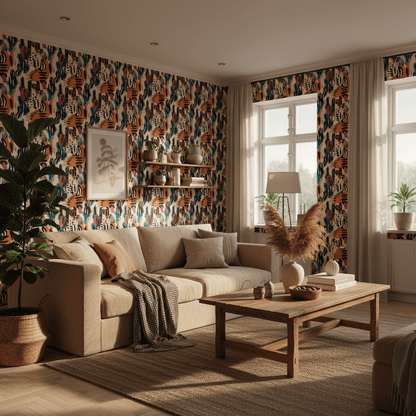 Gemütliches Wohnzimmer mit abstrakter gemusterter Tapete in warmen Beige-, Schwarz- und Farbakzenten als Statement-Wand.