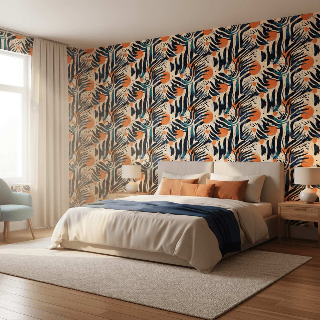 Modernes Schlafzimmer mit abstrakter Mustertapete in Blau-, Beige- und Koralltönen als auffällige Wand hinter dem Bett.