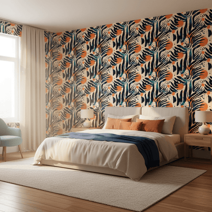 Modernes Schlafzimmer mit abstrakter Mustertapete in Blau-, Beige- und Koralltönen als auffällige Wand hinter dem Bett.