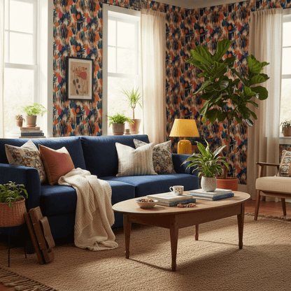 Wohnliches Wohnzimmer mit abstrakter gemusterter Tapete in Blau-, Korall- und dunklen Farbtönen als auffällige Statement-Wand.