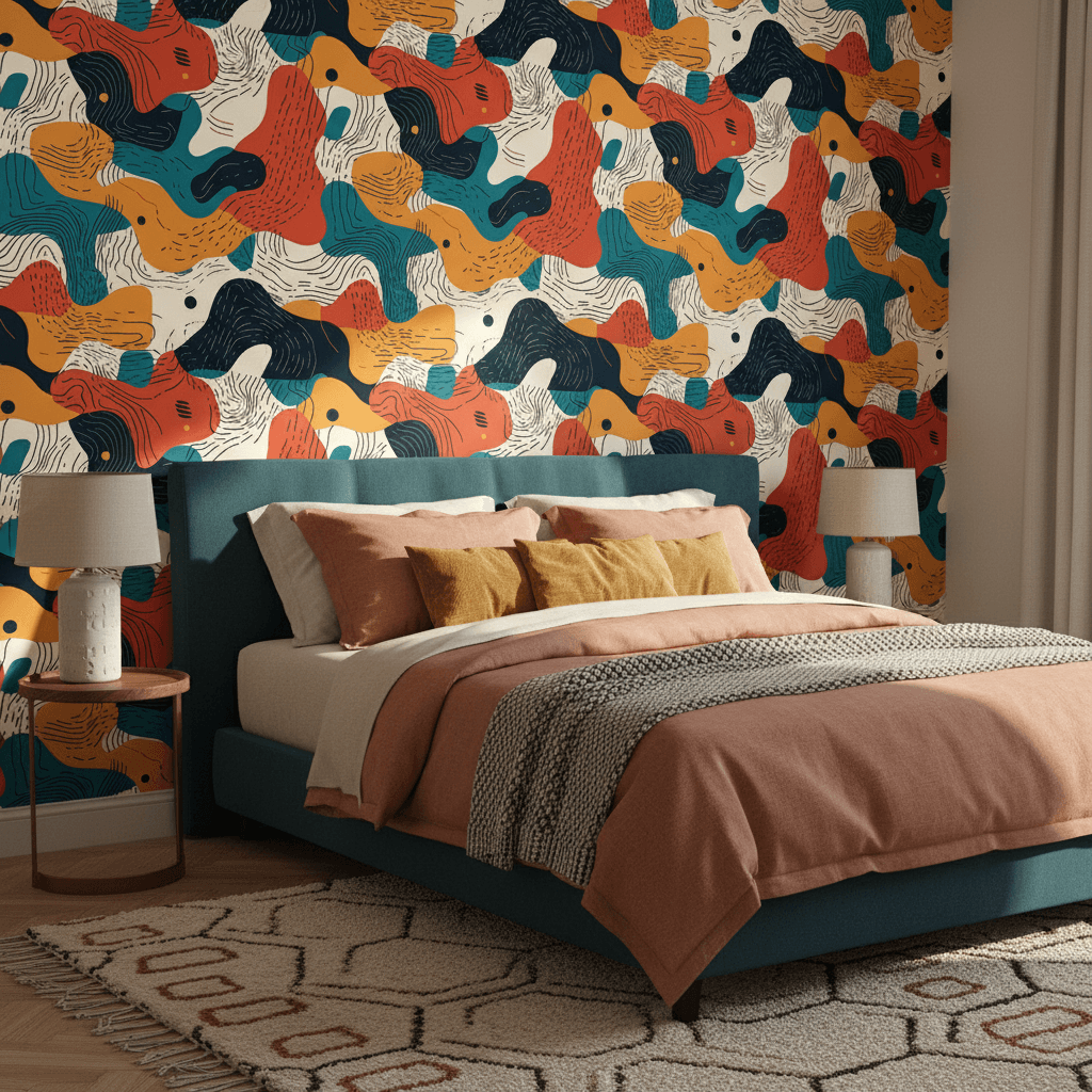 Modernes Schlafzimmer mit bunter abstrakter Tapete in Blau-, Terrakotta- und Senftönen als markante Wand hinter dem Bett.