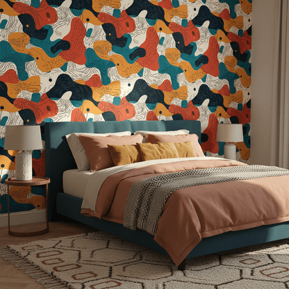 Modernes Schlafzimmer mit bunter abstrakter Tapete in Blau-, Terrakotta- und Senftönen als markante Wand hinter dem Bett.