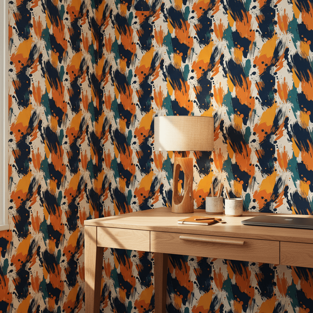Kreativer Arbeitsplatz mit abstrakter Tapete in ausdrucksstarker Pinselstrich-Optik in Blau-, Orange- und Senftönen.