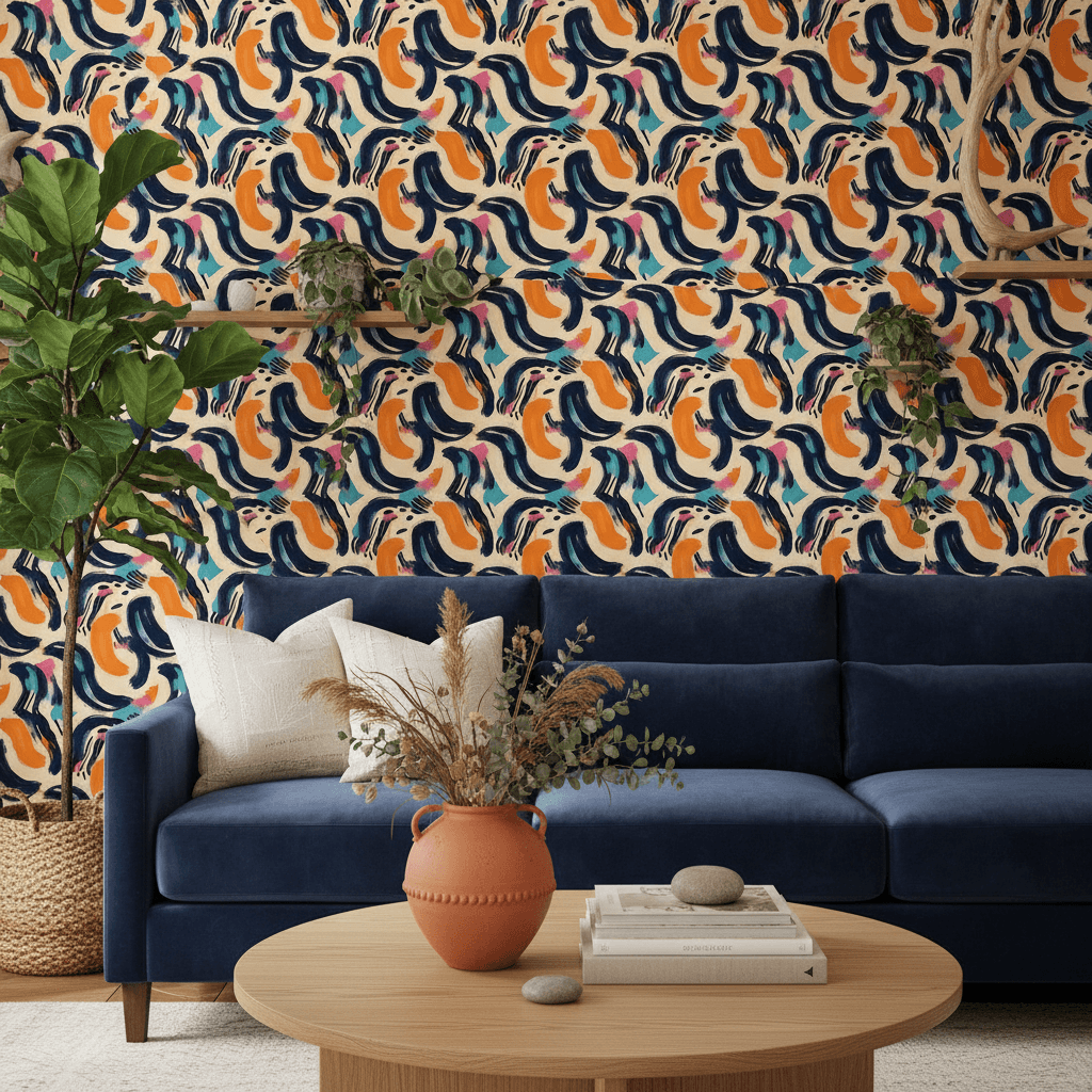 Modernes Wohnzimmer mit abstrakter Wellentapete in Blau-, Orange- und Cremetönen als lebendige Statement-Wand hinter dem Sofa.