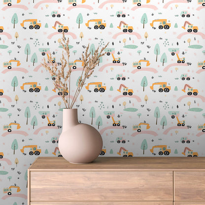 Fototapete Kinderzimmer mit Baggern und Baustellenmotiv