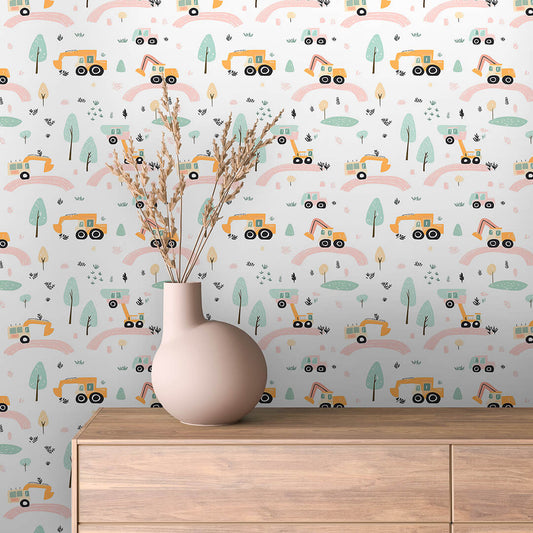 Fototapete Kinderzimmer mit Baggern und Baustellenmotiv