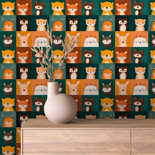 Fototapete Kinderzimmer mit niedlichen Waldtieren im Rasterdesign