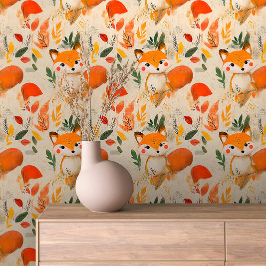 Fototapete Kinderzimmer mit Fuchs und bunten Blättern