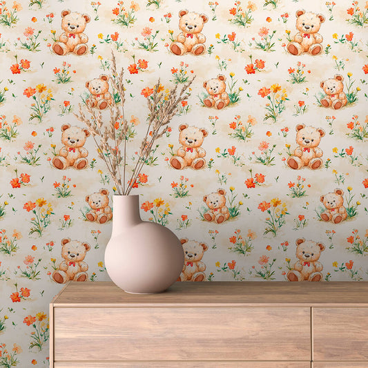 Fototapete Kinderzimmer mit Teddybären und Blumenwiese