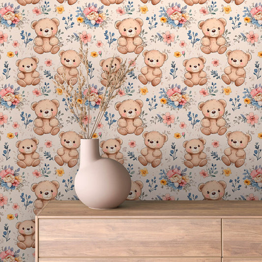 Fototapete Kinderzimmer mit Teddybären und Blumen