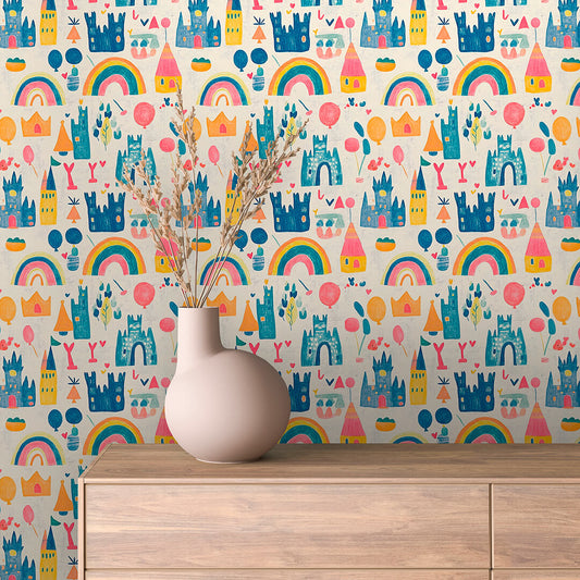 Bunte Schloss-Tapete mit Regenbögen, Sternen & Wolken – PVC-frei, selbstklebend, Made in Germany, ideal fürs Babyzimmer, mit schnellem Versand.