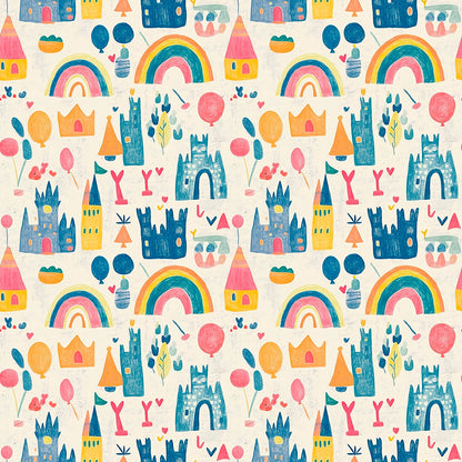 Bunte Schloss-Tapete mit Regenbögen, Sternen & Wolken – PVC-frei, selbstklebend, Made in Germany, ideal fürs Babyzimmer, mit schnellem Versand.