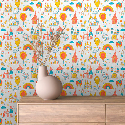 Verspielte Kinderzimmer-Tapete mit Ballons, Schlössern & Regenbögen – PVC-frei, Made in Germany, einfach anzubringen & schnell geliefert.