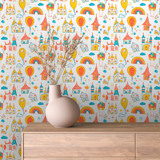 Verspielte Kinderzimmer-Tapete mit Ballons, Schlössern & Regenbögen – PVC-frei, Made in Germany, einfach anzubringen & schnell geliefert.