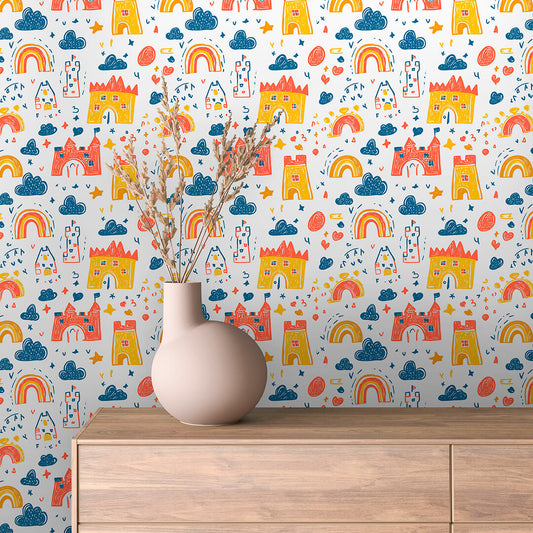 Bunte Schloss-Tapete mit Regenbögen, Sternen & Wolken – PVC-frei, selbstklebend, Made in Germany, ideal fürs Babyzimmer, mit schnellem Versand.