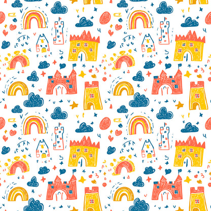 Bunte Schloss-Tapete mit Regenbögen, Sternen & Wolken – PVC-frei, selbstklebend, Made in Germany, ideal fürs Babyzimmer, mit schnellem Versand.