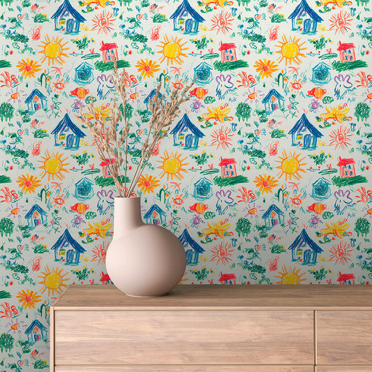 Fröhliche Kinderzeichnung-Tapete mit Sonnen, Häusern & Blumen – PVC-frei, selbstklebend, Made in Germany, ideal fürs Babyzimmer, mit schnellem Versand.