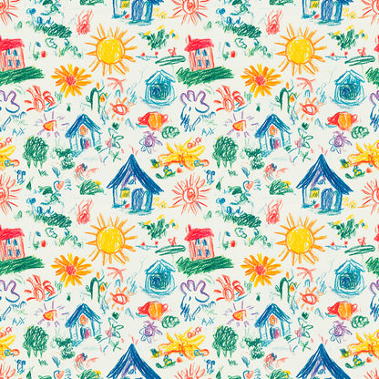 Fröhliche Kinderzeichnung-Tapete mit Sonnen, Häusern & Blumen – PVC-frei, selbstklebend, Made in Germany, ideal fürs Babyzimmer, mit schnellem Versand.