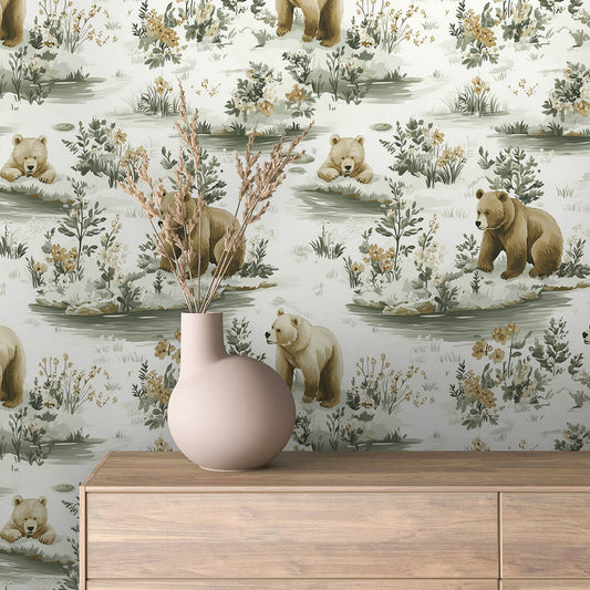 Bären-Tapete im Aquarellstil mit Waldmotiven – PVC-frei, selbstklebend, ideal fürs Babyzimmer, Made in Germany, schneller Versand inklusive.