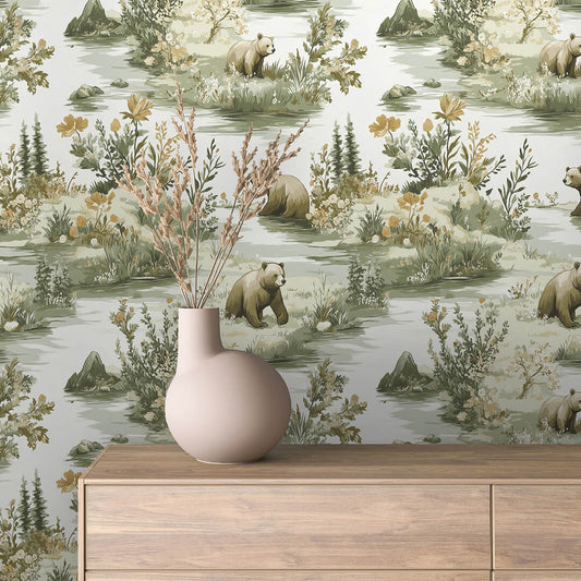 Naturtapete mit Bären & Wald im Aquarellstil – PVC-frei, selbstklebend, Made in Germany, perfekt fürs Babyzimmer, mit schnellem Versand.