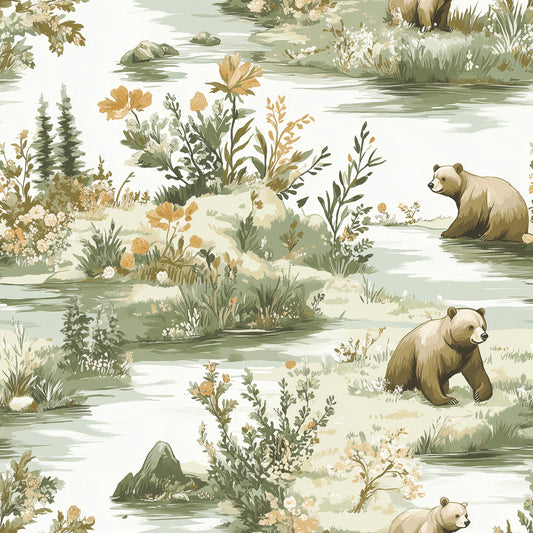 Naturtapete mit Bären & Wald im Aquarellstil – PVC-frei, selbstklebend, Made in Germany, perfekt fürs Babyzimmer, mit schnellem Versand.