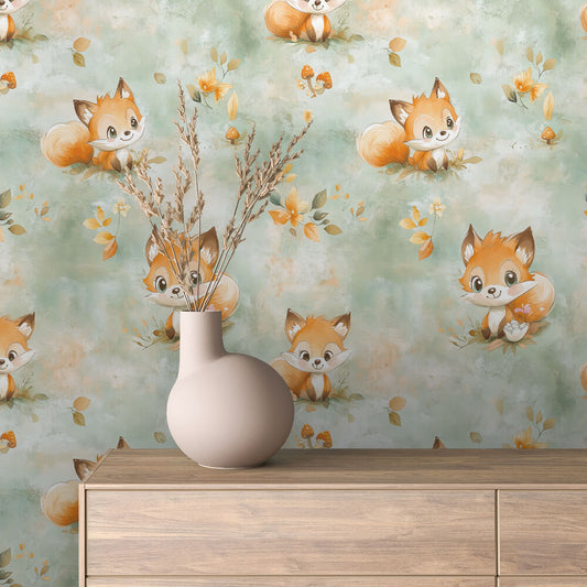 Wald-Fuchs-Tapete im Aquarellstil – PVC-frei, selbstklebend, Made in Germany, ideal fürs Babyzimmer, mit schnellem Versand.