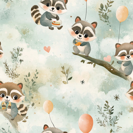 Waschbär-Tapete mit Ballons & Ästen – PVC-frei, selbstklebend, Made in Germany, ideal fürs Babyzimmer, mit schnellem Versand.