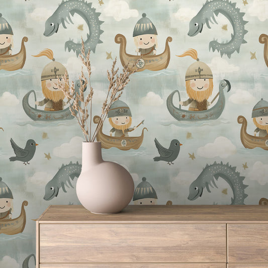 Wikinger-Tapete mit Drachen, Booten & Figuren – PVC-frei, selbstklebend, Made in Germany, perfekt fürs Babyzimmer, mit schnellem Versand.
